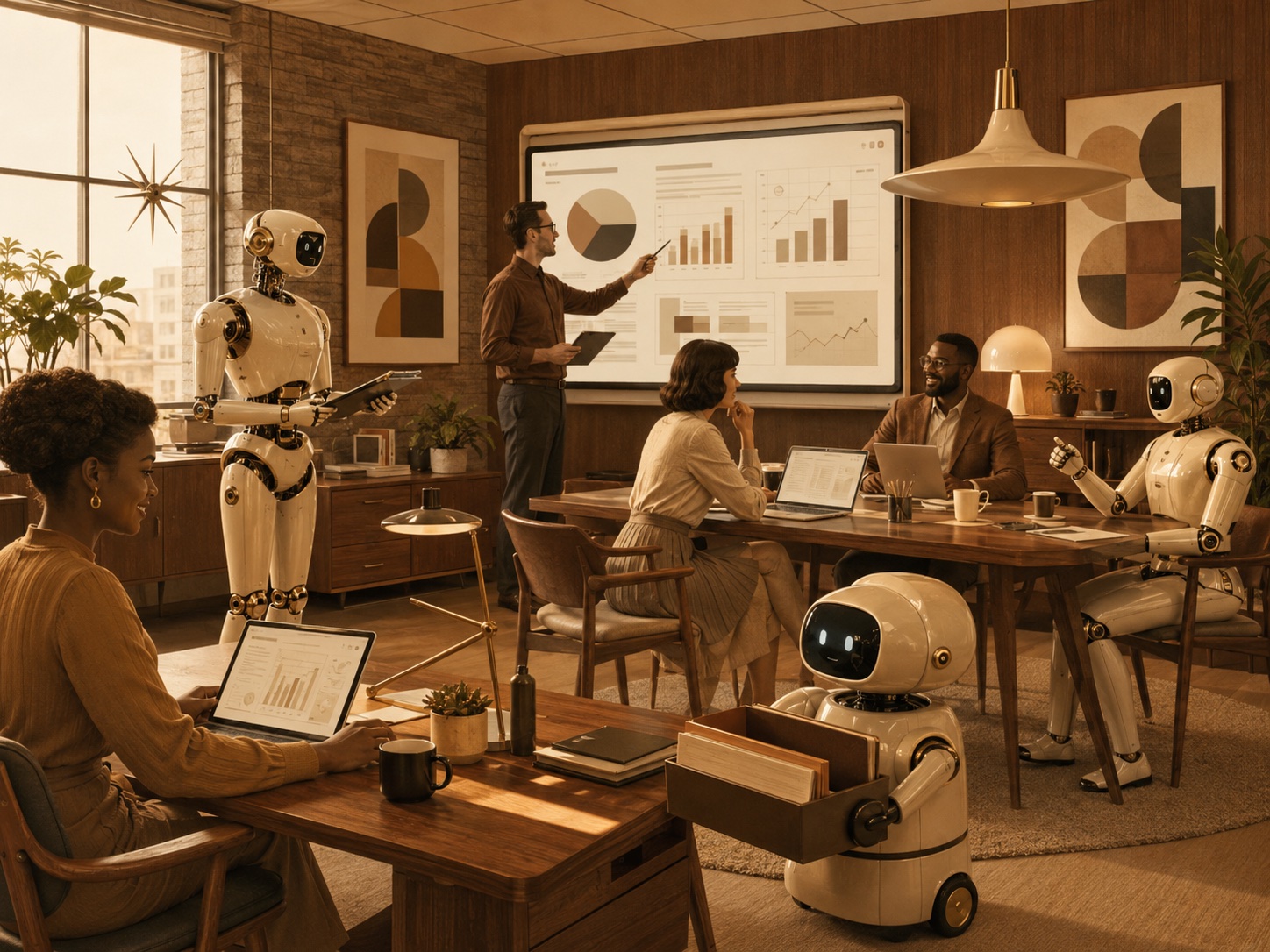 AI agents and a team collaborating in a mid-century office