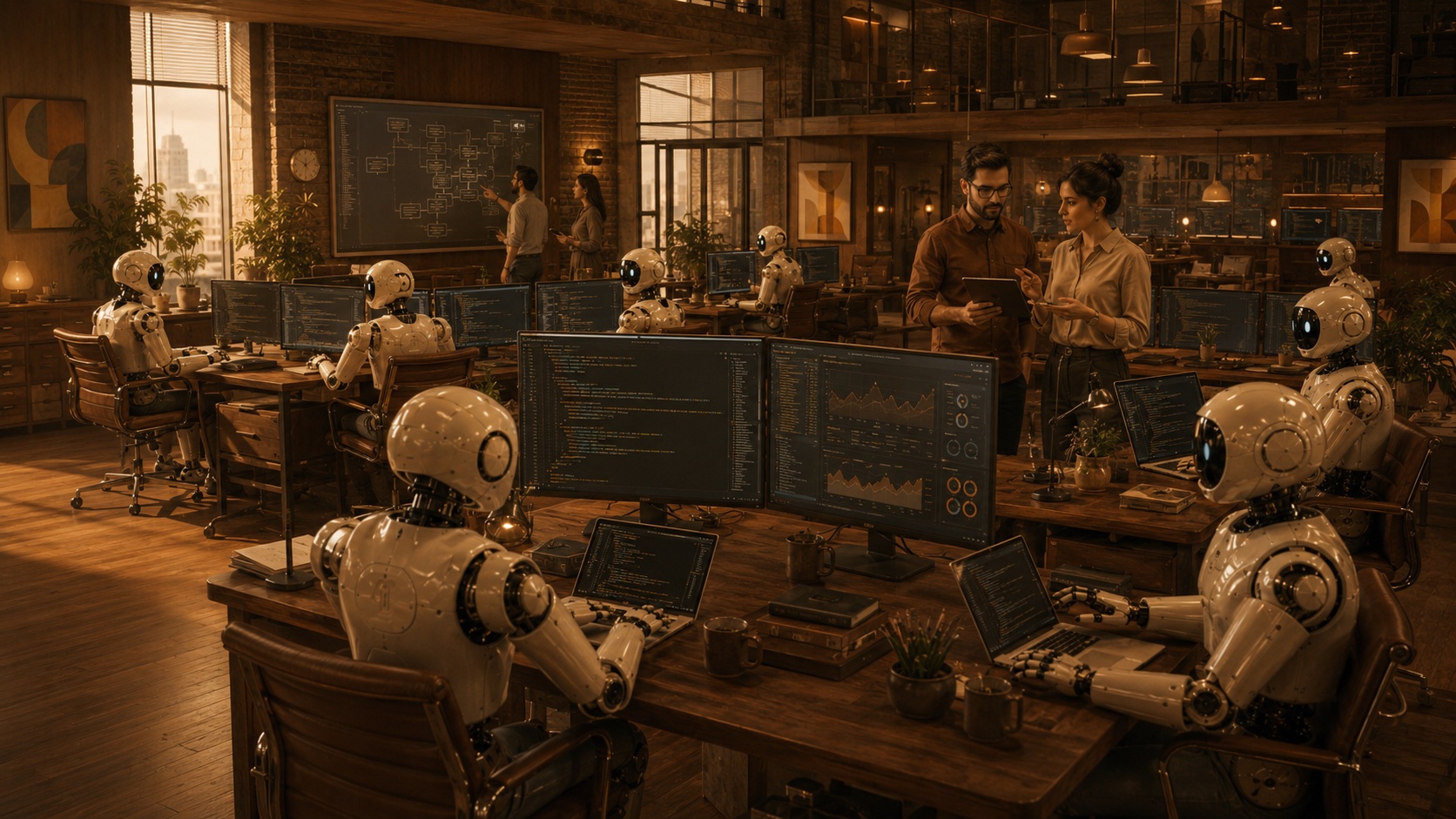 A workshop of AI agents and engineers at multi-monitor workstations