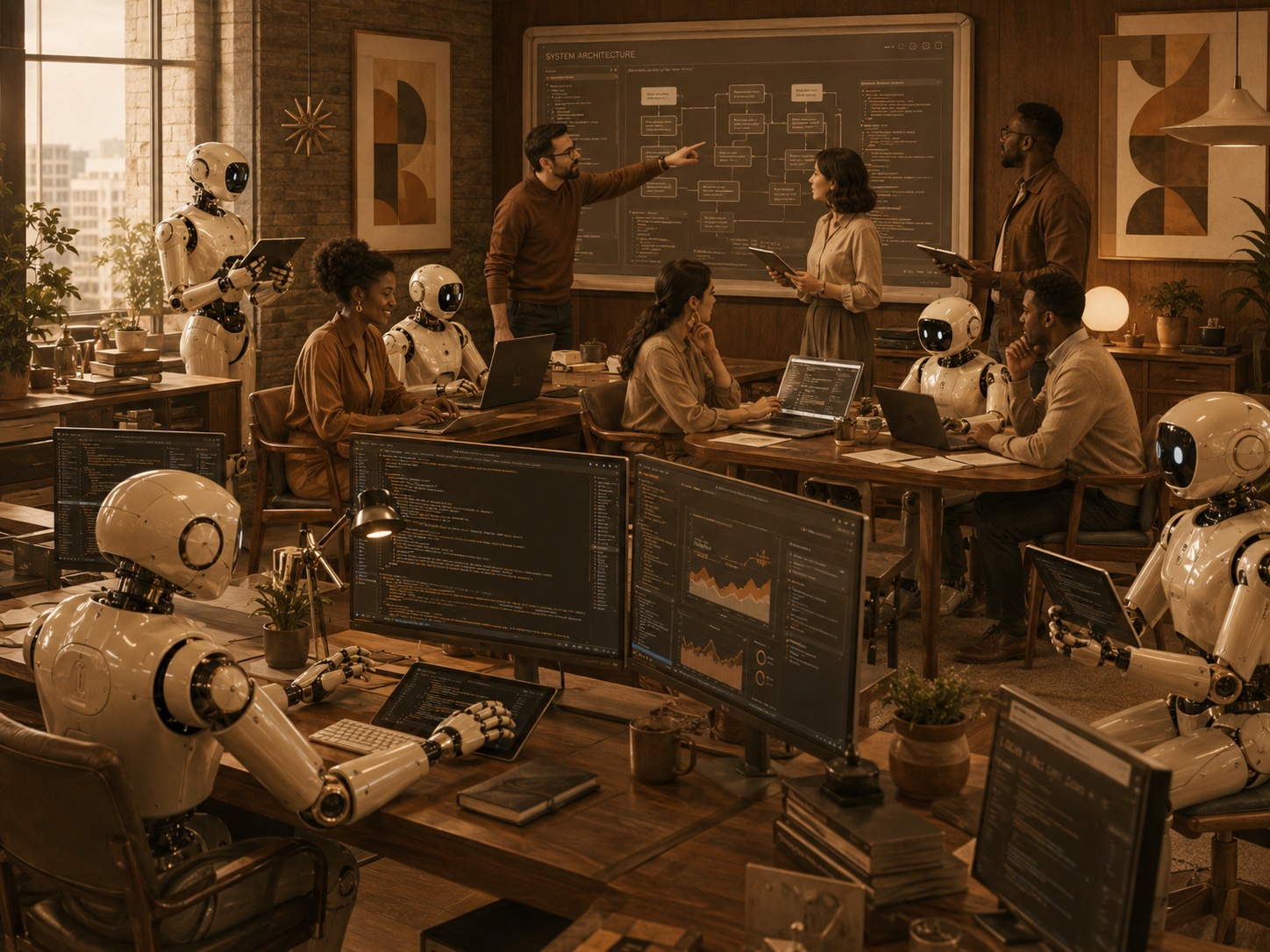 A team of engineers and AI coding agents collaborating around system architecture