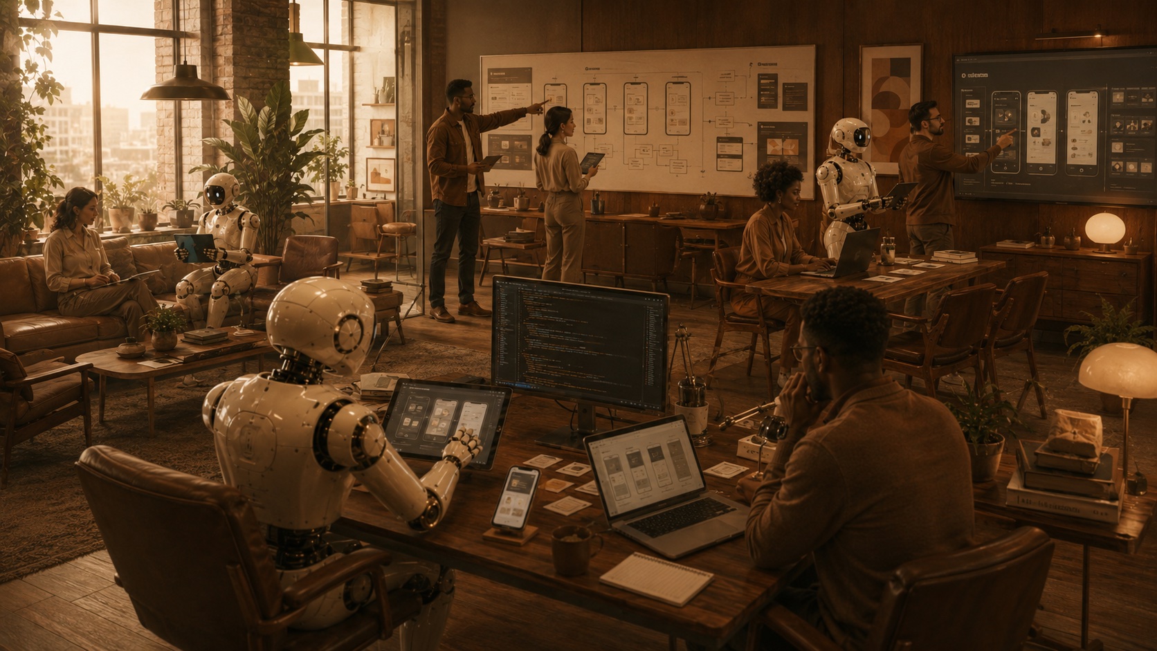 Designers and AI agents collaborating on mobile app flows and wireframes