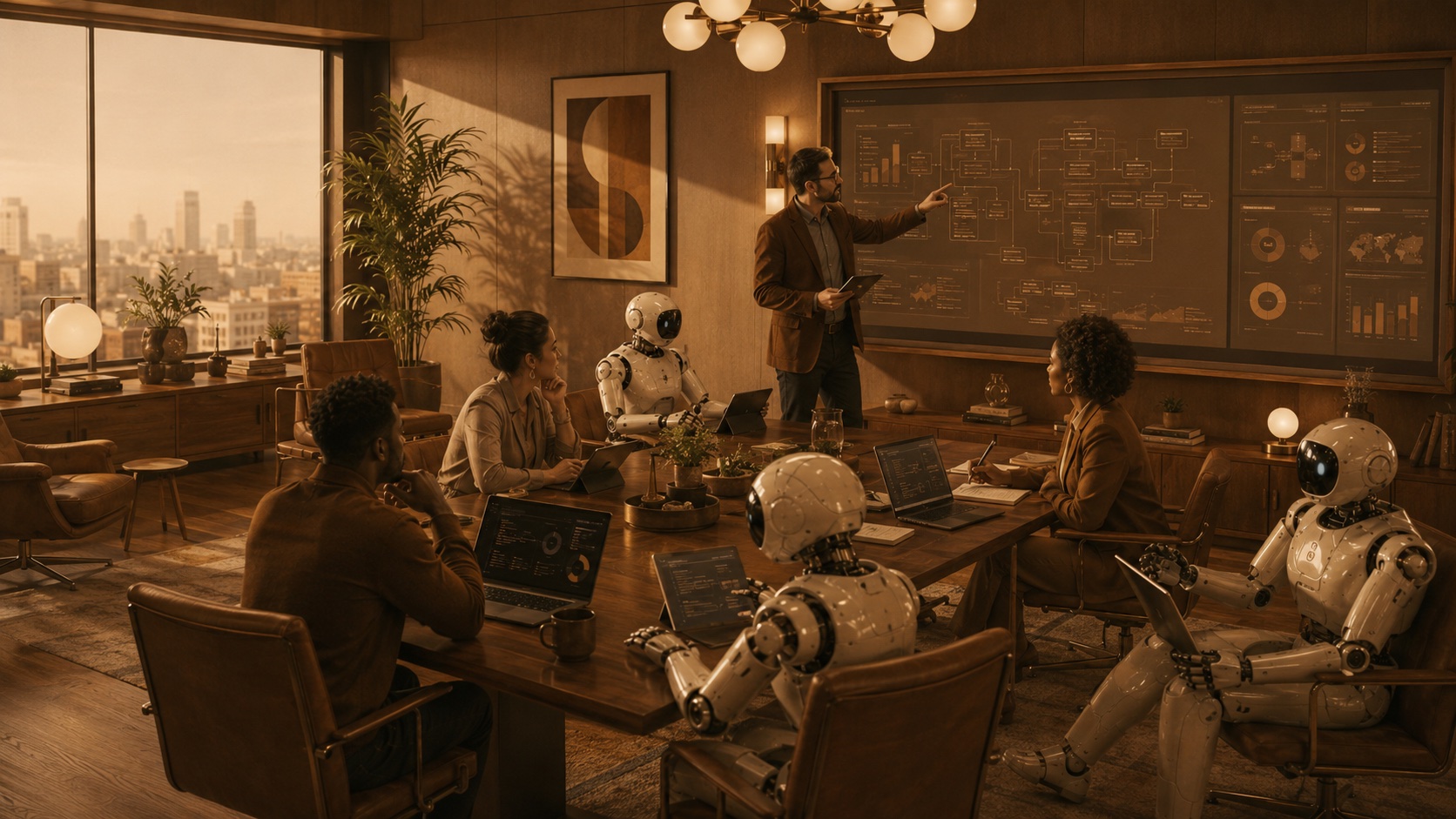 A team reviewing system architecture diagrams and metrics in a strategy session